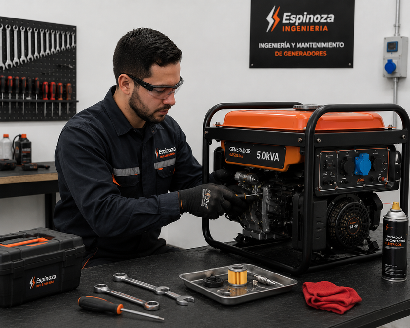 Técnico Espinoza realizando mantenimiento de generador en taller